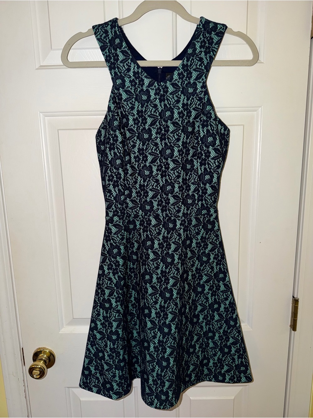 NWOT Design Lab Navy Dress with Teal Lace Overlay